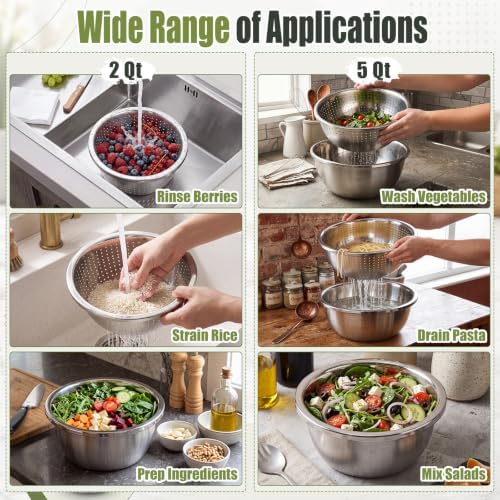 4 Pcs 304 Stainless Steel Colander Set, 5 Qt and 2 Qt Metal Strainer Bowls with Matching Mixing Bowls Large Capacity for Washing Rice Vegetables Fruit, Kitchen Draining Set, Dishwasher Safe