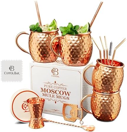 COPPER-BAR Moscow Mule Copper Mugs - Unique HANDCRAFTED Gift Set of 4
