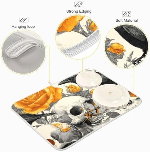 OTVEE Skull and Flower Mix Dish Drying Mat for Kitchen Counter