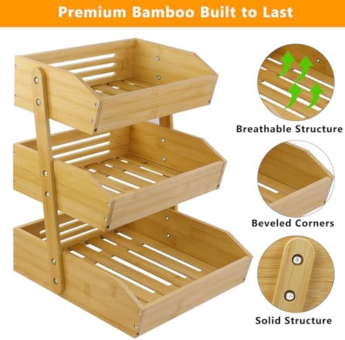 mobzio Fruit Basket for Kitchen Counter, 3 Tier Fruit Stand, Fruit Vegetable Storage Basket, Fruit Bowl for Kitchen Counter, Large Bamboo Basket Display Rack, Fruit Holder Produce Basket