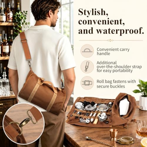 Portable Bartender Kit with Canvas Roll-Up Bag, Complete Cocktail