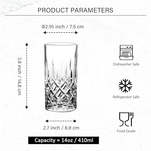 Highball Glasses Collins Tall Beverage Set of 6, 14 Ounce Cups