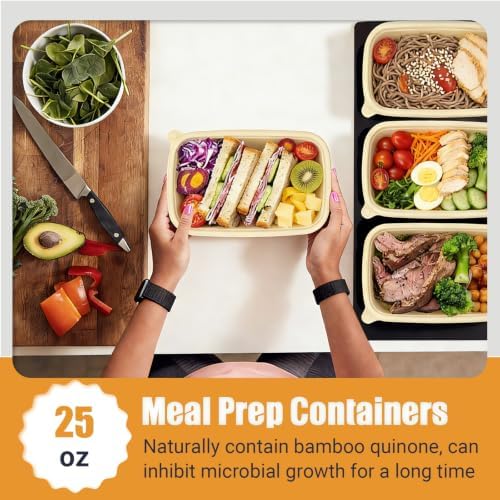 50Pack Meal Prep Containers Reusable with Lids, 25oz Bamboo-Powder