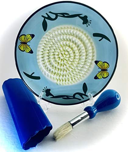 BonCera, Ceramic Garlic Grater Plate 4-Piece Set - Blue Butterfly