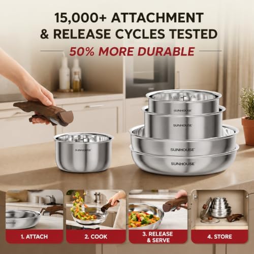 SUNHOUSE 9pcs 3-Ply Clad Stainless Steel Cookware Set w/Detachable Handle