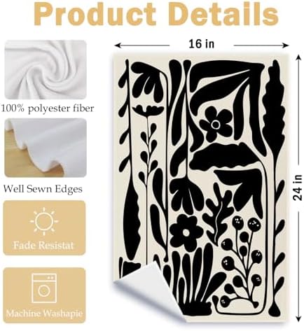 ArtisaEura Boho Abstract Retro Black Floral Kitchen Towels, Mid
