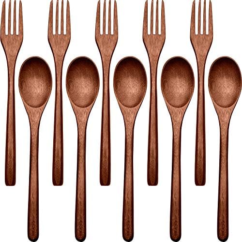 Patelai 10 Pieces Wooden Spoons Forks Set Wooden Utensils for Eating