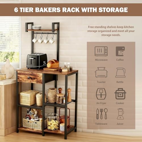 6-Tier Microwave Stand with Drawer and Hooks
