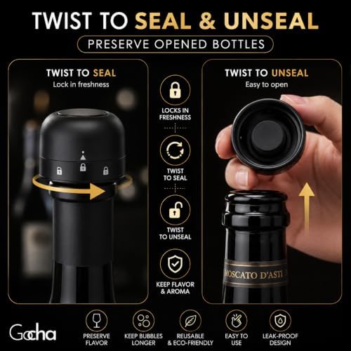 GOCHA Gadgets Wine Stopper and Champagne Stopper Set, 4 Pack, Black