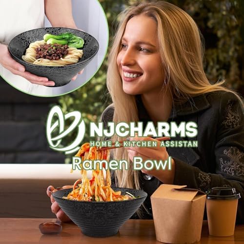 NJCHARMS 60 oz Ceramic Ramen Bowl Set of 2, Extra Large Black Japanese