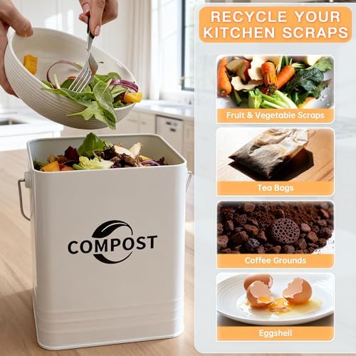 1.7-Gallon Kitchen Compost Bin with Lid, White