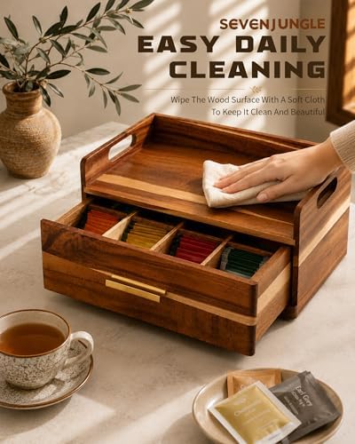 Acacia Wood Tea Bag Organizer for Countertop, Tea Holder Organizer
