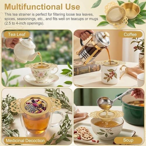 Kenaoeoe 8 Pack Gold Tea Strainers for Loose Tea with Drip Bowls 304