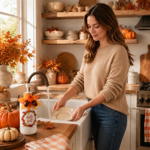 AnyDesign Hello Fall Soap Dispenser, with Artificial Leaves Pumpkin