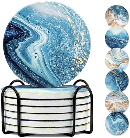 Ceramic Coasters Set of 6 with Holder, Absorbent, 4" Marble Blue Ocean