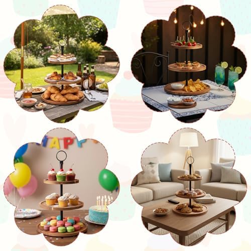 3 Tier Cupcake Stand, Round Wooden Cupcake Display Stand with Metal