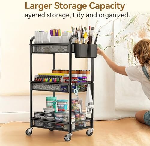 YASONIC 3-Tier Metal Rolling Storage Cart, Black