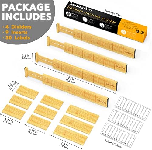 SpaceAid Bamboo Drawer Dividers with Inserts and Labels, 4 Dividers