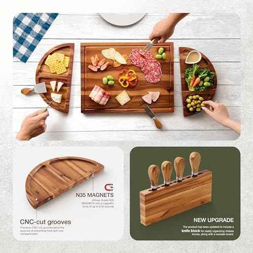 TIDITA 30" Large Acacia Wood Charcuterie Board with 4 Knives Set, Magnetic