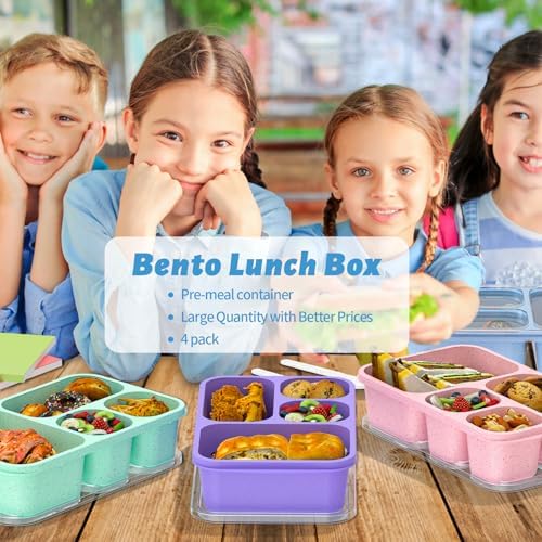 Bento Box 4-Pack 5-Compartment Meal Prep Containers, BPA-Free Plastic