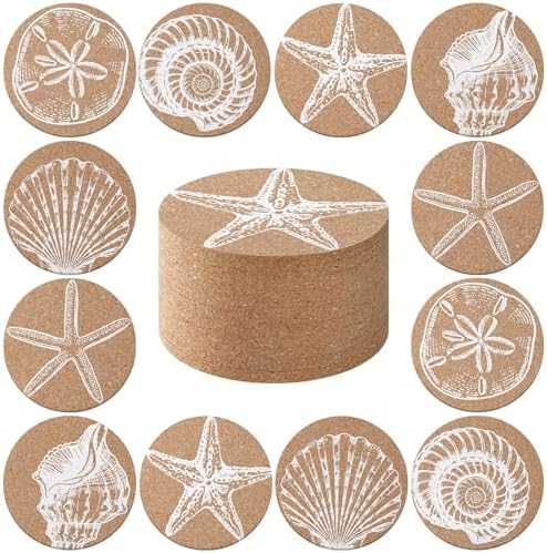 12 Pcs Coastal Coasters for Drinks Beach Cork Sea Shell Mat Gift