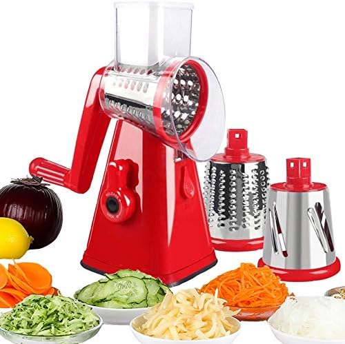 Manual Rotary Potato Grater with 3 Interchangeable Blades, Red