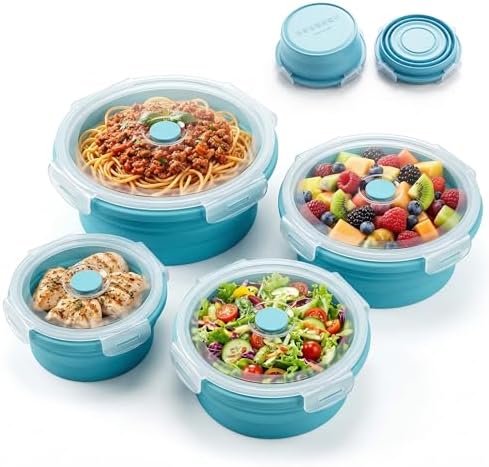 Collapsible Silicone Food Storage Containers with Lids, Set of 4 Sizes