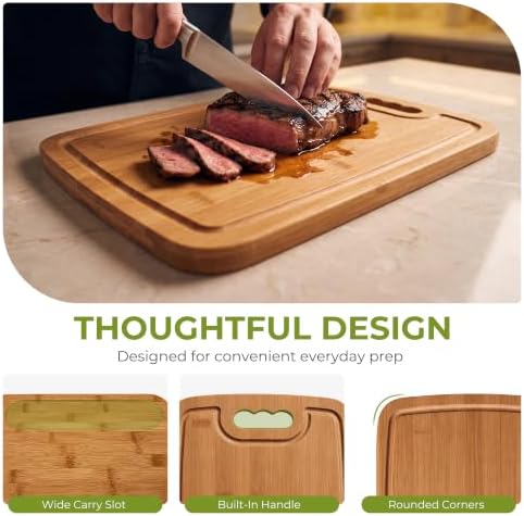 Bamboo Cutting Board Set of 3 with Stand, Juice Grooves, Handles