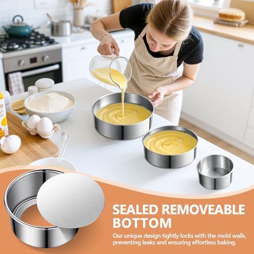 4/7/9-Inch Stainless Steel Cake Pan Set, Removable Bottom, Set of 3