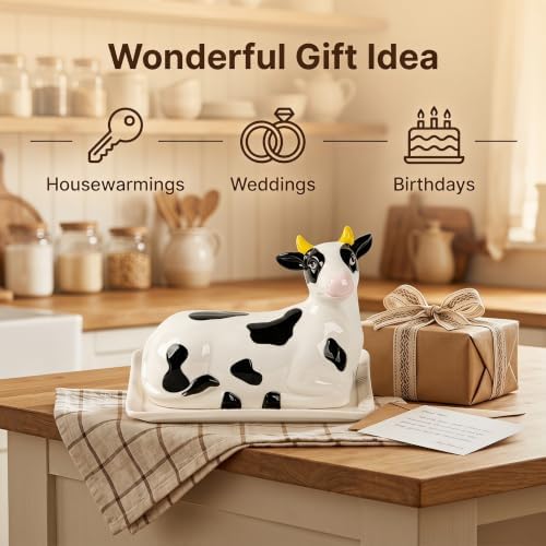 Ceramic Butter Dish with Lid Hand-Painted Cow Farmhouse Design