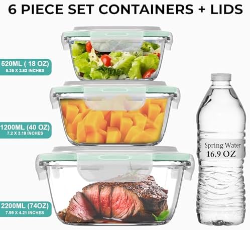 Razab 6-Piece Glass Food Storage Containers with Airtight Lids