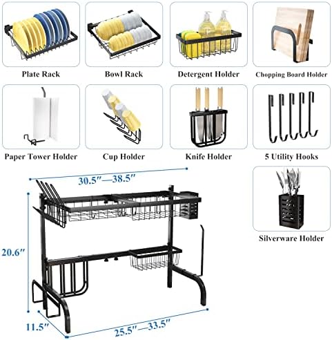 Over-the-Sink 2-Tier Dish Drying Rack, 25.5-33.5 in, Black