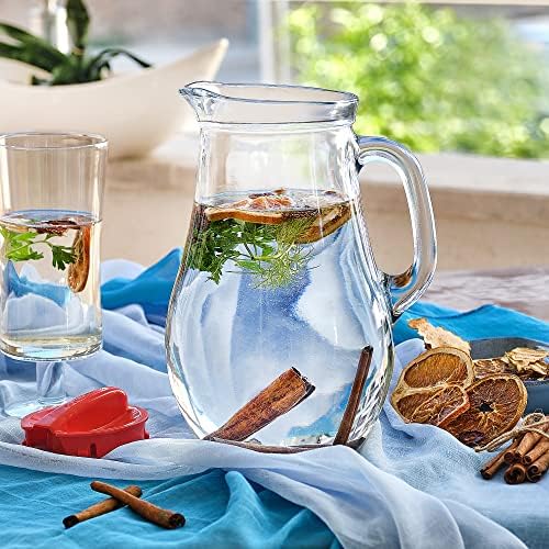 62 oz Glass Water Pitcher with Red Lid and Spout, Jug with Glass
