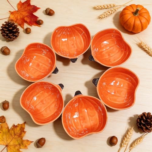 Orange Pumpkin Bowls,Set of 6, 6 oz Pumpkin Shaped Bowl Ceramic