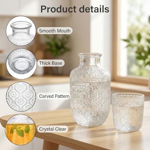 AVLA 4 Pcs Bedside Water Carafe and Glass Tumblers, 20 OZ Clear
