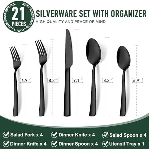 21 Pcs Black Silverware Set with Organizer