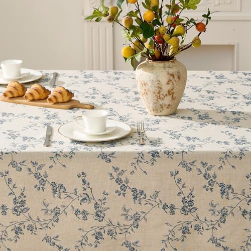 jinchan Blue Farmhouse Floral Linen Rectangle Table Cloth 52 x 70 Inch