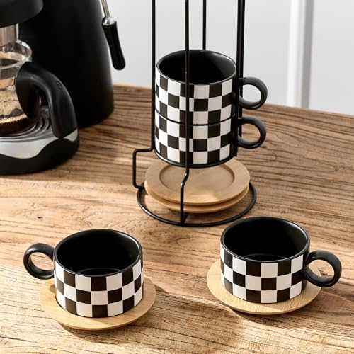 LUKA 6 Ounce Ceramic Stackable Black and White Checkered Espresso Cups