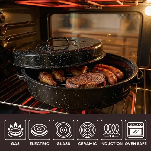 Turkey Roasting Pan With Lid 18in Enamel Carbon Steel Roaster Pot, Broiler Pan Great-for Roasted Turkey Chicken Baking Bread18 Pound Large Capacity High Temperature Resistance Oval Cookware