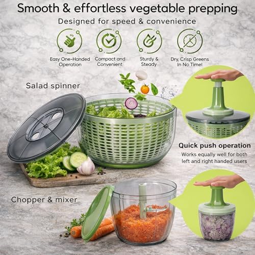 Brieftons Salad Spinner and Chopper Combo: Large 6.34-Quart Lettuce Greens Vegetable Washer Dryer with Bonus 0.95-Quart Push Veggie Chopper Mixer, Storage Lids, Collapsible, No Electricity, Easy Prep
