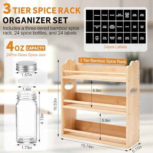 Domensi 3 Tier Bamboo Spice Rack Organizer with 24 Spice Glass Jars