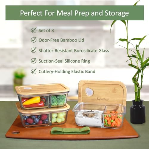 EcoPreps Glass Meal Prep Containers with Bamboo Lids, 2 Compartment
