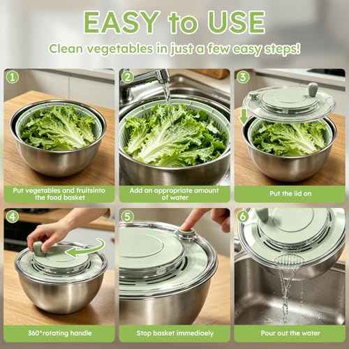 Stainless Steel Salad Spinner Large with 5 Blades Slicer, Vegetable Dryer, Non-Slip Base, Stop Button, Vegetable Fruits Chopper Bowl 5L Capacity with Egg Yolk Strainer