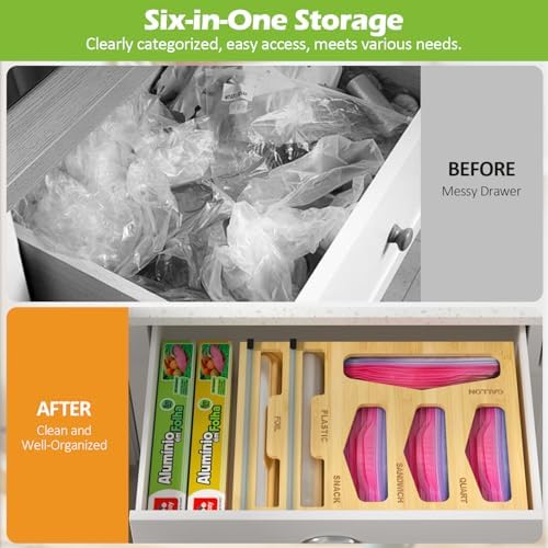 6 in 1 Bag Organizer and Wrap Dispenser with Magnetic Lid - Plastic Wrap Dispenser with Cutter for Kitchen Drawer, Storage for Gallon, Quart, Sandwich, Snack Bags, and Foil Beige