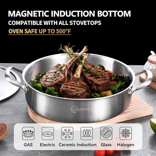 LOLYKITCH 8-Quart Stainless Steel Sauté Pan with Lid | Tri-Ply