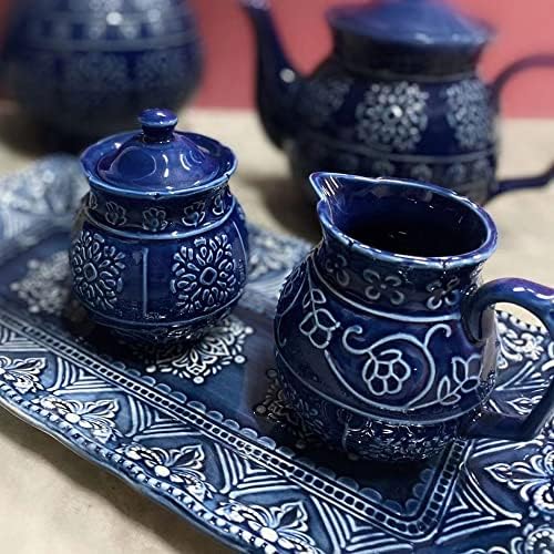 CHOOLD Blue Embossed Ceramic Sugar and Creamer Set with Lid Spoon