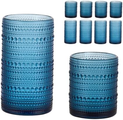 Vintage Hobnail Drinking Glasses Set of 8, Blue 16 oz Highball Glasses