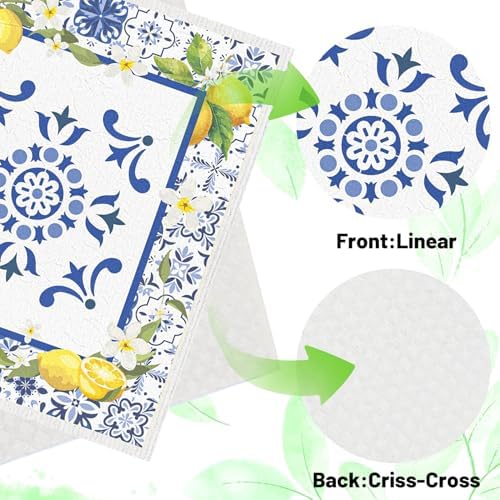 Blue Tiles Lemons Swedish Dishcloths, 6 Pack Reusable Swedish Dish