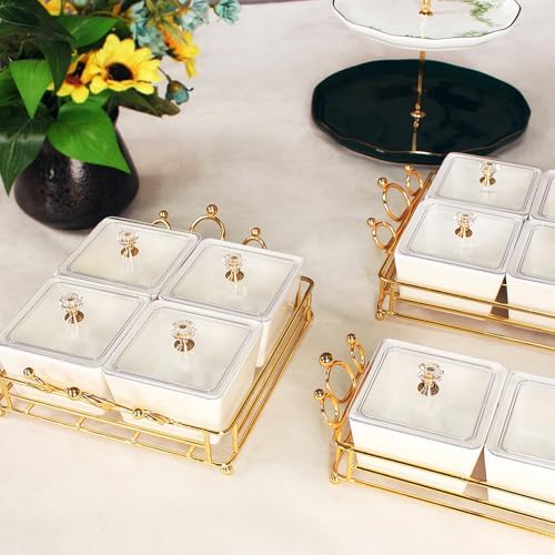 YA JU Ceramic Bowls and with Lid Gold Basket Trays, 3 Removable Small