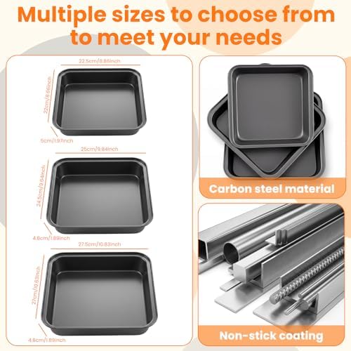 Hushee 3 Pcs Square Pizza Pans, 8, 9 and 10 Inch Carbon Steel Bakeware